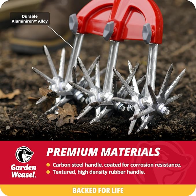 Garden Weasel Rotary Cultivator with Detachable Tines - Long Handle | Aerate, Weed, Cultivate, Plant, Reseed | Lawn Reseeding Garden Tool, Garden Soil Loosener | 90206