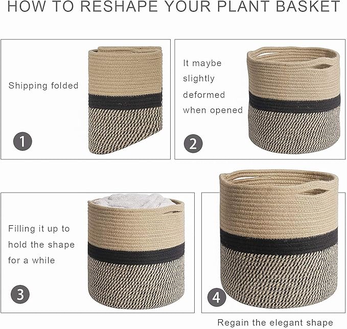 TIMEYARD Sturdy Jute Rope Plant Basket Modern Woven Basket for 11" Flower Pot Floor Indoor Planters, 12.5'' x 12.5'' Storage Organizer Basket Rustic Home Decor, Black and Beige Stripes