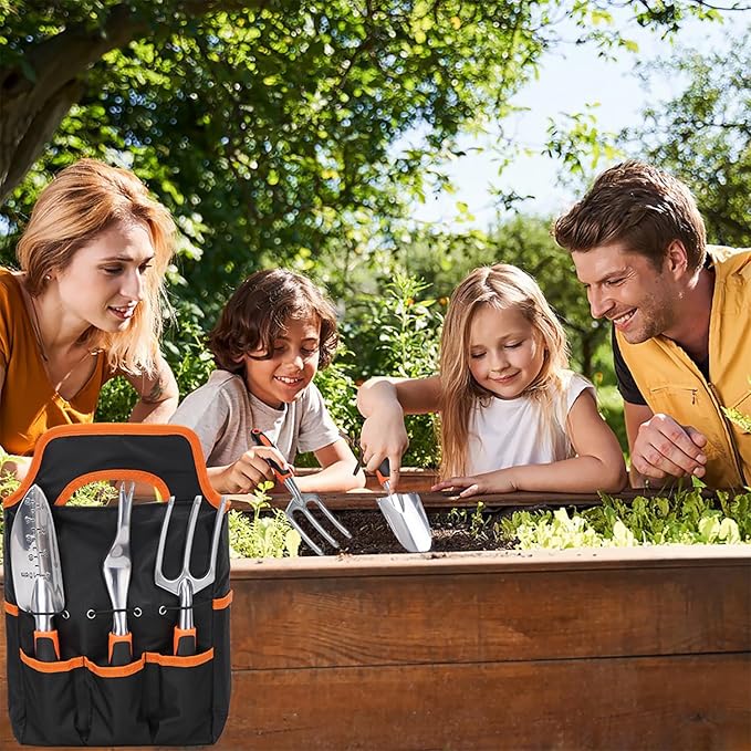 Garden Tool Set, 9 Piece Garden Tools with Non-Slip Rubber Grip with Large Garden Bag, Hand Tools for Gardening, Gardening Tools for Women Men (Orange)