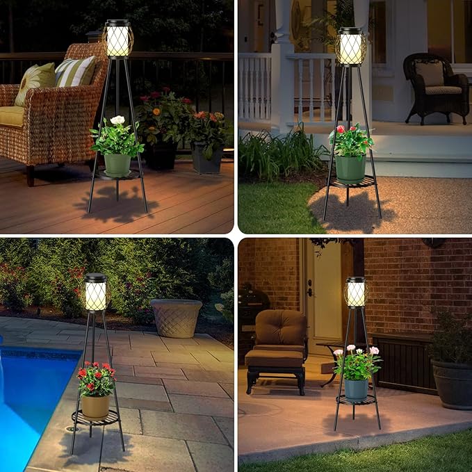 Solar Lights Outdoor Street Lights with Plant Stands 2 Pack, Solar Floor Lamp Metal Tripod Patio Lights for Garden Yard Pathway Driveway Front/Back Porch Decoration
