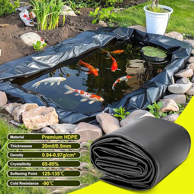 20 x 20 FT Pond Liner, 20 Mil Pond Liners for Outdoor Ponds, HDPE Pond Liner Preformed Easy Cutting Puncture Resistant, Pond Liners for Water Garden Fountain Waterfall, Koi Fish Aquaculture Pond
