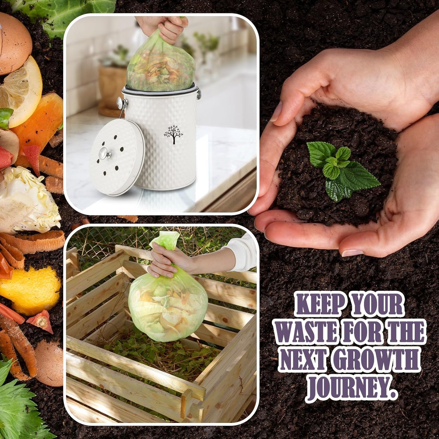 AOSION Countertop Compost Bin Kitchen,Odorless Indoor Compost Bin with Lid and Compost Bags,Compost Bucket Composter Container for Food Waste,Creamy White