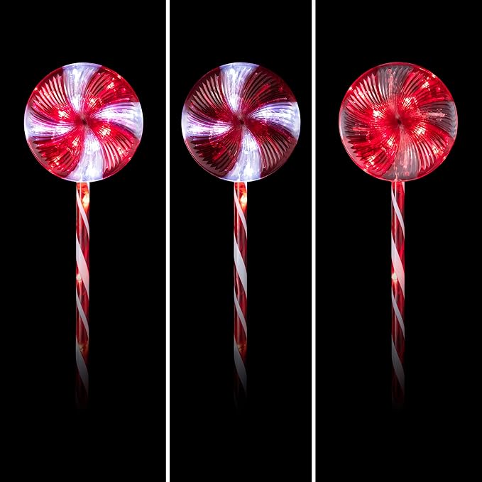 Alpine Corporation 28" H Outdoor Candy Cane Yard Stakes with Red and White LED Lights (Set of 3), Christmas Decoration