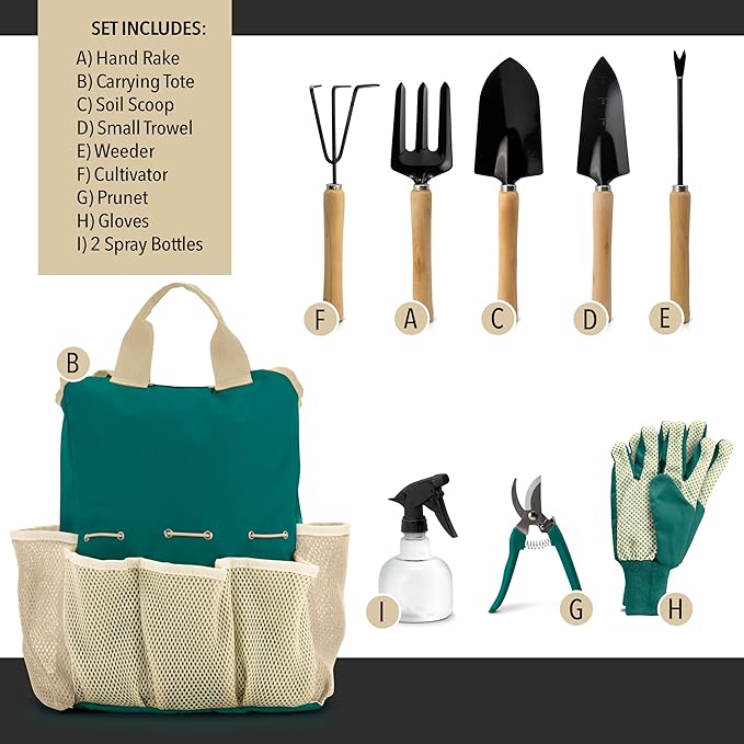 Garden Tools Set – Gardening Tools Organizer Handbag – Rust Proof, Heavy Duty, Ergonomic & Durable Tool Bag Kit – Gardening Gifts for Women & Men – Garden Tool Organizer Tote Bag with 10 Pieces Set