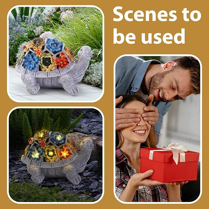 Solar Garden Statues Turtle with Succulent and 6 LED Lights, 9.1" L x 5.7" W x 6.7" H Outdoor Solar Decor, Turtle Garden Figurines for Lawn, Balcony, Yard Decoration, Gifts for Mom Wife