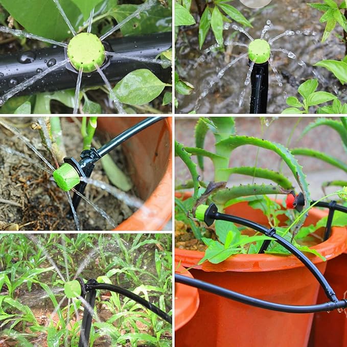 Kalolary 200Pcs Adjustable Irrigation Drippers, 1/4 Inch Barbed Drip Emitter 360 Degree Watering Sprinklers Anti-Clogging Drippers for 4mm/7mm Garden Watering System(Green)