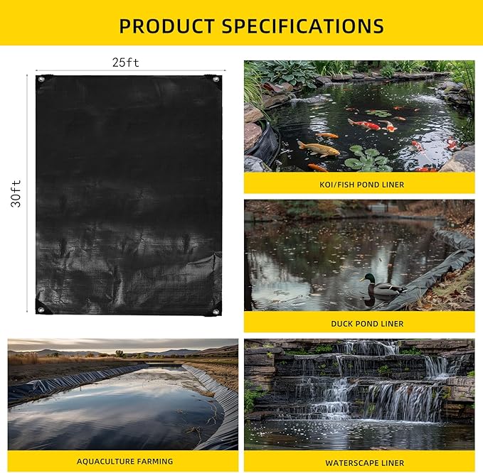 TEZONG Pond Liner,25x30Ft Pond Liners for Outdoor,28Mil PE Black Koi Fish Pond Liner,Reinforced Pond Underlayment for Water Garden,Waterfall,Fountain