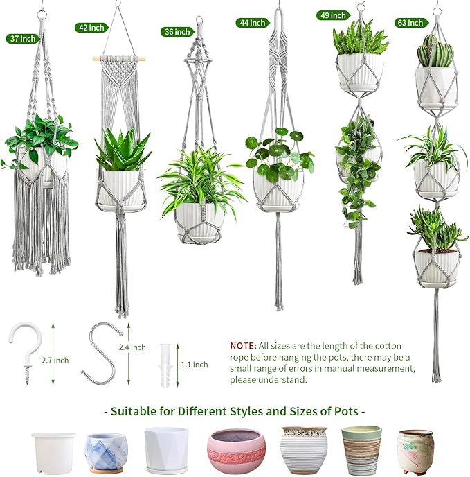 Macrame Plant Hangers, 6Pack Hanging Planters for Indoor Plants w/ 6 Set Hangers Kit Handmade Macromay Plant Hangers Indoor Flower Pots Holder Stand for Boho Home Décor (POTS NOT Included)