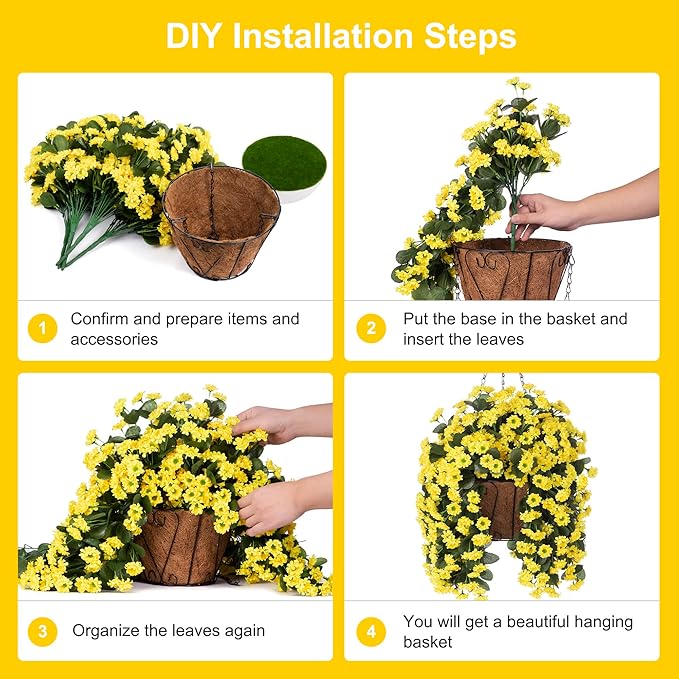 NXUGAO Artificial Flowers with Hanging Basket for Outdoors Indoors Decor, Faux Silk Chrysanthemum Plants in Baskets for Home Decoration Garden Yard Patio, 4 Bundles with 1 Basket