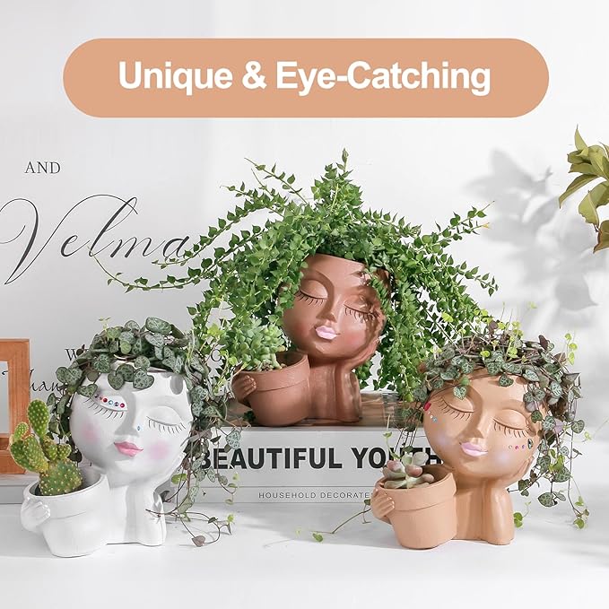 Face Planter Pots Head Planters for Indoor Outdoor Plants - Double Plant Pots for Flower Succulent with Drainage Holes - Ideal Present Ideas(Black Lady)