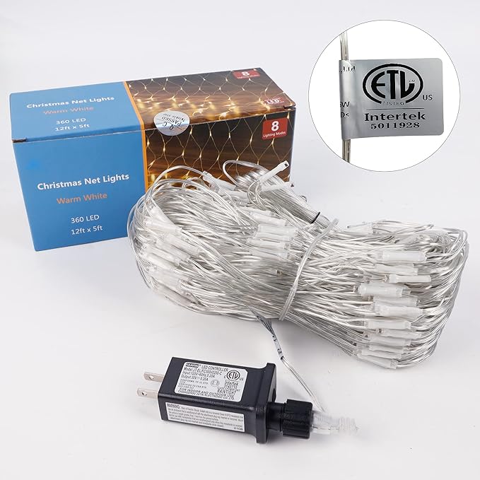 WATERGLIDE Outdoor Christmas Net Lights, 12FT x 5FT 360 LED Fairy String Light with 8 Lighting Modes, Connectable Light for Garden Tree Bushes, Holiday Wedding Party Decorations, Warm White