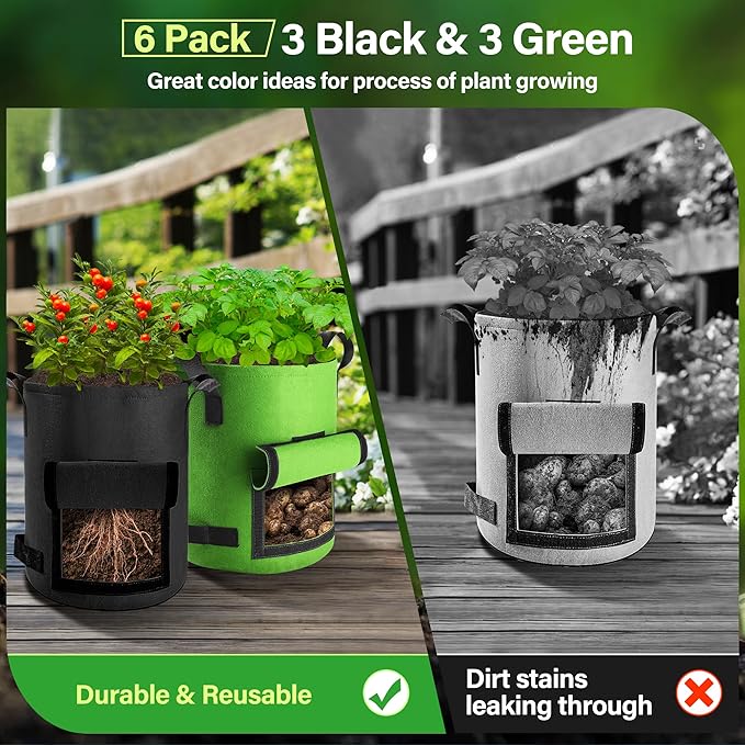6 Pack Potato Grow Bags 15 Gallon with Flap, Grow Bags for Growing Potatoes, Duarable Fabric Garden Planter Pots with Harvest Window for Vegetable and Fruits, Black & Green