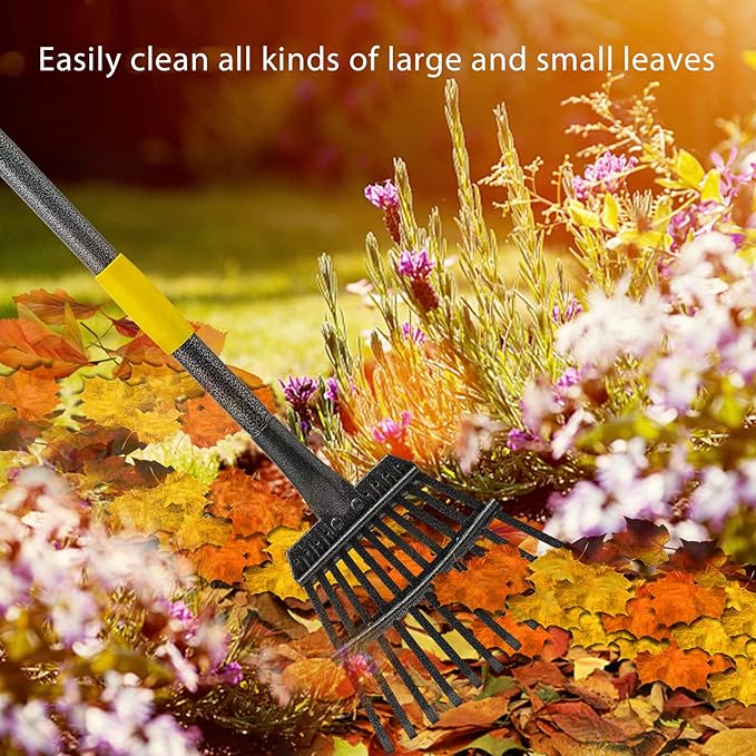 Oliynedy Leaf Rake for Gardening, Adjustable Metal Garden Rake for Leaves Long Handle 30-60", 11 Tines 9" wide Small Lawn Collapsible Yard Adult Kids Rake for Camping Flower Beds Mulch Shrub