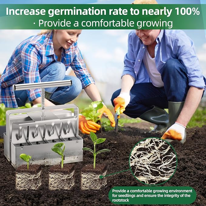 Soil Blocker 2 Inch 8 Cell Upgraded Soil Block Maker Heavy Duty with Comfortable Handle and 3 Sizes Seed Pins Handheld Soil Blocking Tool for Seed Starting transplanting Germination