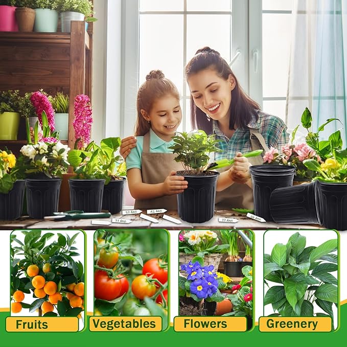 60 Pcs 1 Gallon Plant Nursery Pots,Plastic Pots with Drainage Holes,Garden Flower Container Seedling Pot with White Label for Planting,Cuttings,Transplanting,Home Garden(Black)
