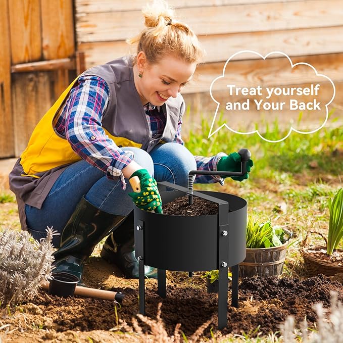 Rotary Soil Sifter Compost Sieve Garden Potting Sifting Mesh Rock Sand Dirt Sieve, 13" Sifting Filter with 1/5 Inch Mesh Sifting