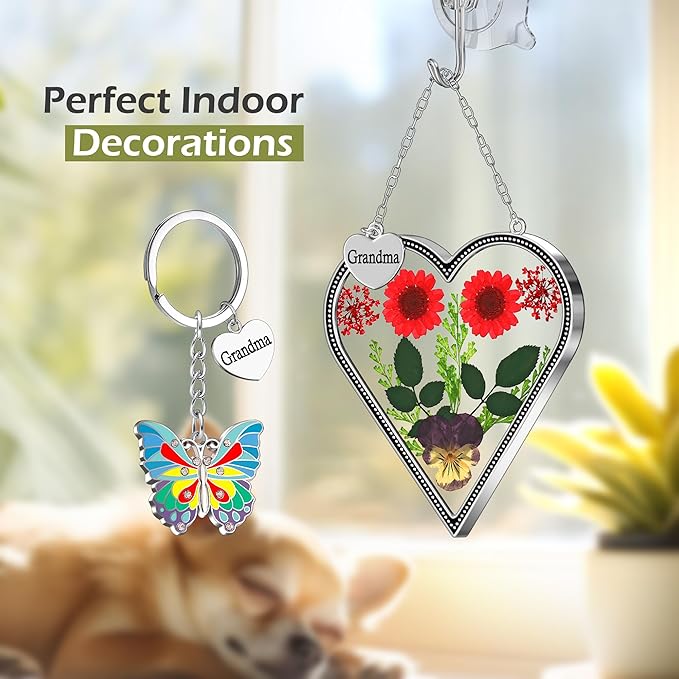 KY&BOSAM Heart Suncatcher Grandma Gifts Glass Butterfly Suncatchers for Window Pressed Flower Between Heart in Glass Metal Engraved Charm Gift for Women Mother's Day Valentine's Birthday Christmas