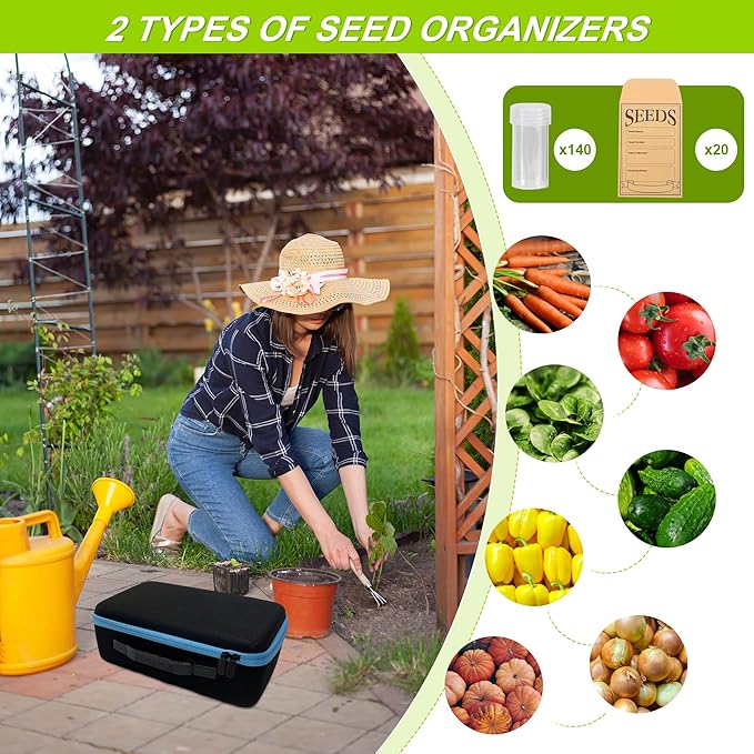 140 Slots Seed Storage Organizer Box with 20 Seed Envelopes, Large Capacity Seed Storage Container with Zipper Bag, Label Stickers, Tweezers, Funnel, Garden Seeds Saver Kit for Vegetable, Flower