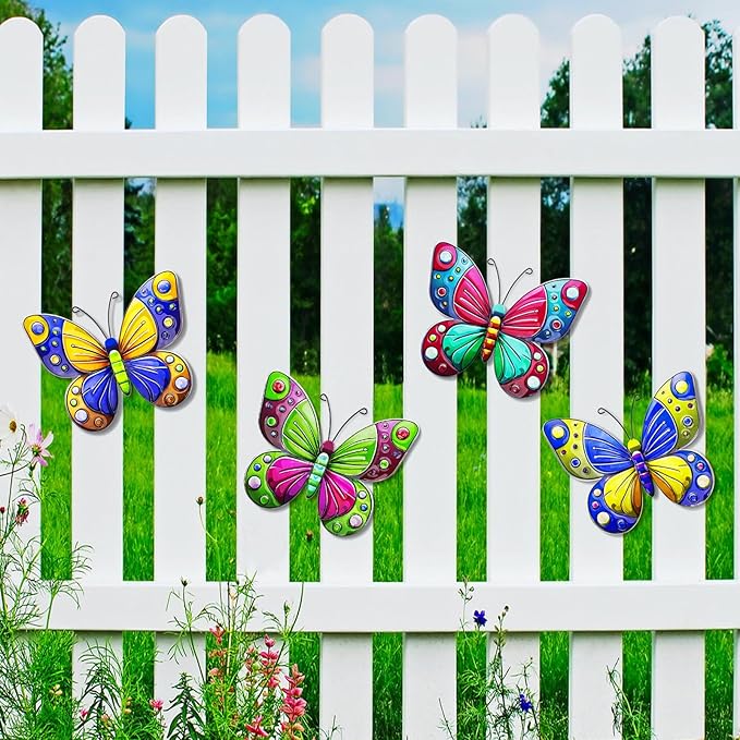 ULENDIS 4 Pack Metal Butterfly Wall Art Decor, 3D Colorful Outdoor Wall Art Fence Decorations for Patio and Yard, Hanging Decor for Garden Living Room Balcony, Gift for Family Friends(C)