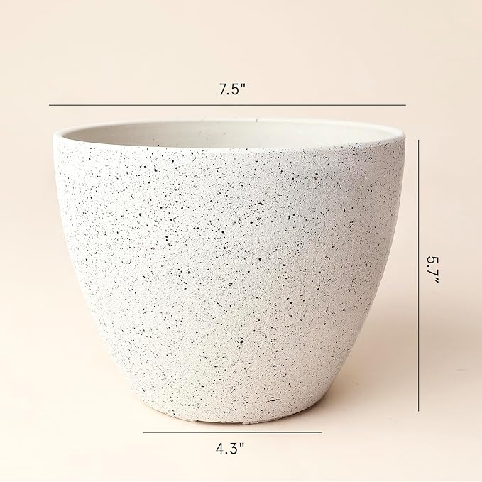 LA JOLIE MUSE Flower Pots Outdoor Garden Planters, Indoor Plant Pots with Drainage Holes, Plastic, Speckled White, Set 2 (7.5 + 7.5 Inch)