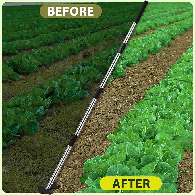 Hoe Garden Tool, Scuffle Garden Hoe for Weeding with 30-60 Inch Steel Long Handle, Dual Use Sharp Gardening Hula Hoe, Adjustable Rocket Shaped Weed Remover Action Hoe
