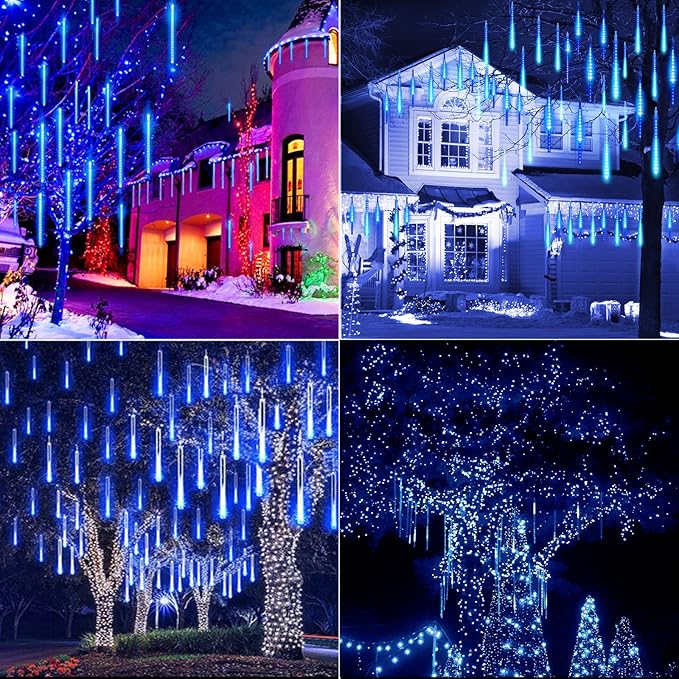 Solar Meteor Shower Lights Outdoor - 576 LED Rain Drop Lights with 16 Tubes, 16 Inches - Solar Powered Christmas Decorations for Tree Bushes Holiday Party Christmas Decor, Blue