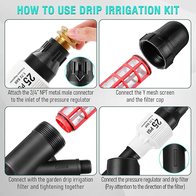 Drip Irrigation Pressure Regulator and Filter, 25 PSI Water Backflow Preventer for 3/4'' Garden/Faucet Hose Thread and Drip Irrigation Inline Y Filter, 3/4" x 3/4" FHT Hose Thread Connections