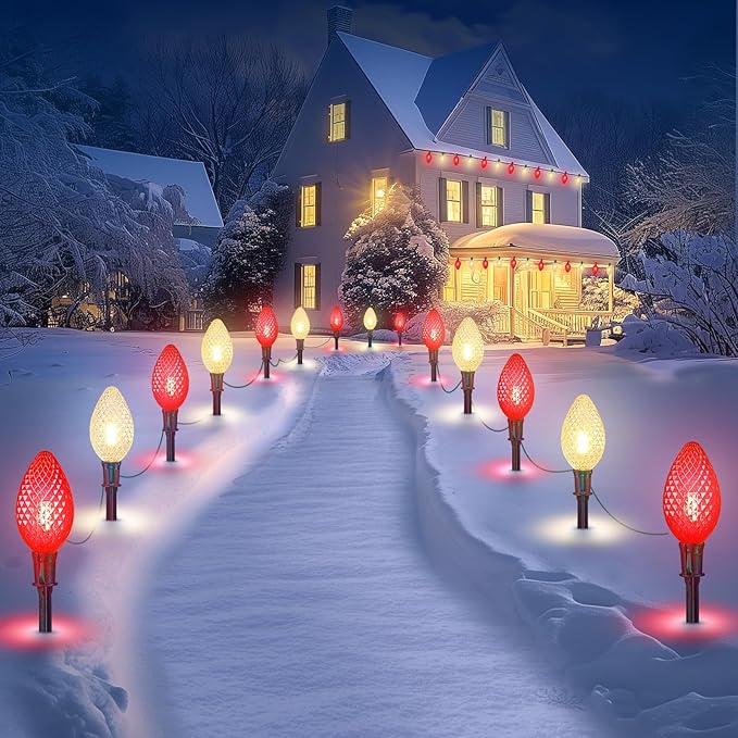 Double C9 Christmas Pathway Lights Outdoor - 2 Pack 13.5Ft 10 LED With 10 Marker Stakes for Walkway, Waterproof Plug-in C9 Strawberry Christmas Decorations for Driveway, Red & Warm White