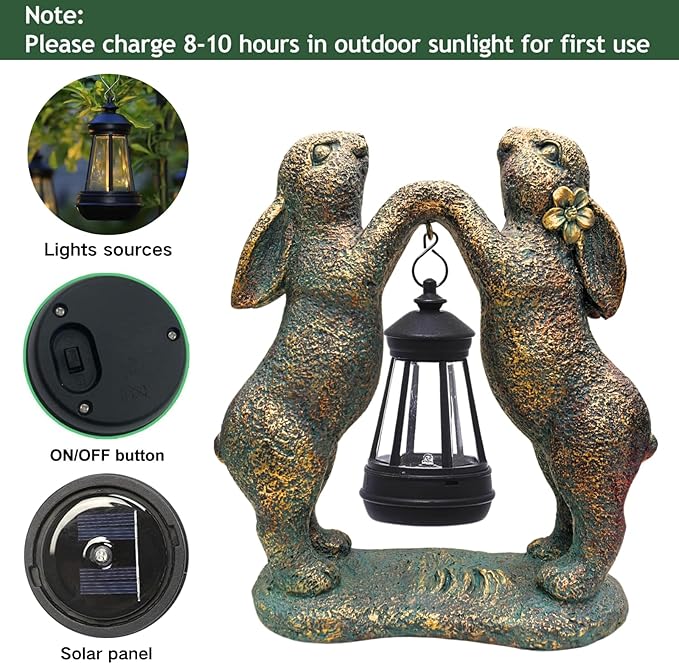 Garden Statues Rabbit with Solar Lantern, Outdoor Bunny Figurines Decorations for Patio Yard Lawn Ornaments, Gifts for Mom/Grandma Birthday Easter Housewarming