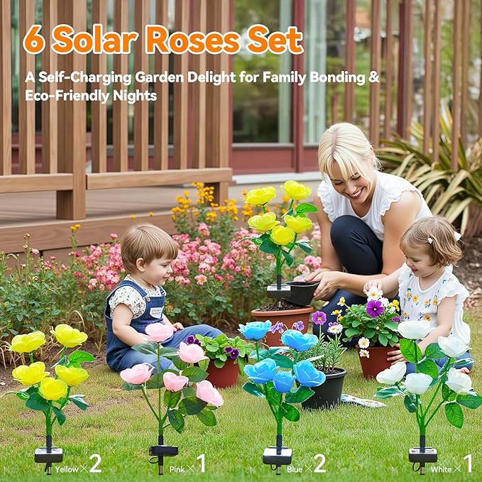 WdtPro 2025 New Solar Lights Outdoor Decorative 6 Pack, Garden Lights Solar Powered Flowers Rose Light Waterproof, Color Changing Solar Outdoor Light for Outside Patio Yard Grave Garden Decor, Gifts