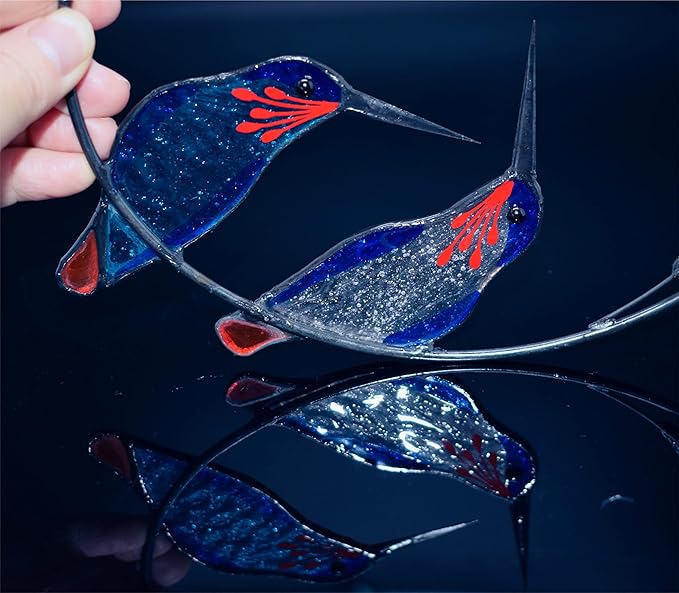 Lolitarcrafts Hummingbird with Flower Stained Glass Suncatcher Bird Stained Glass Window Hangings Hummingbird Gift for Home Decor (Blue 1 Pair)