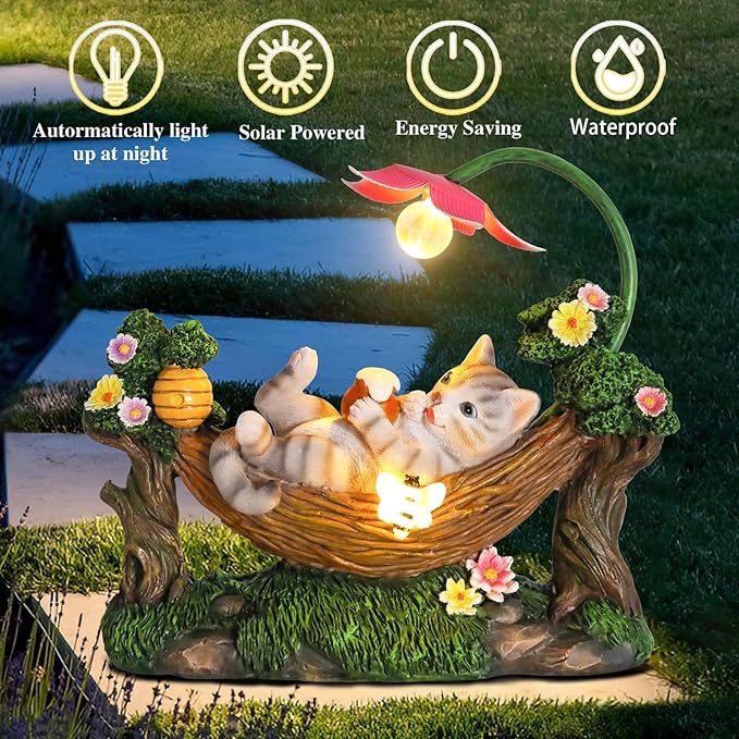 Afirst Solar Cat Statue Garden Figurine, Resin Figurine with Solar Lights Outdoor Decorations for Lawn, Patio, Balcony, Yard Ornament