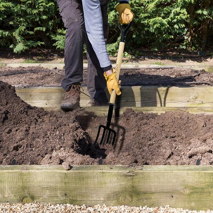 Garden Fork,4-Tine Pitchfork,Spading Digging Fork,Forged Steel Y-Grip, Wood Handel,45Inch