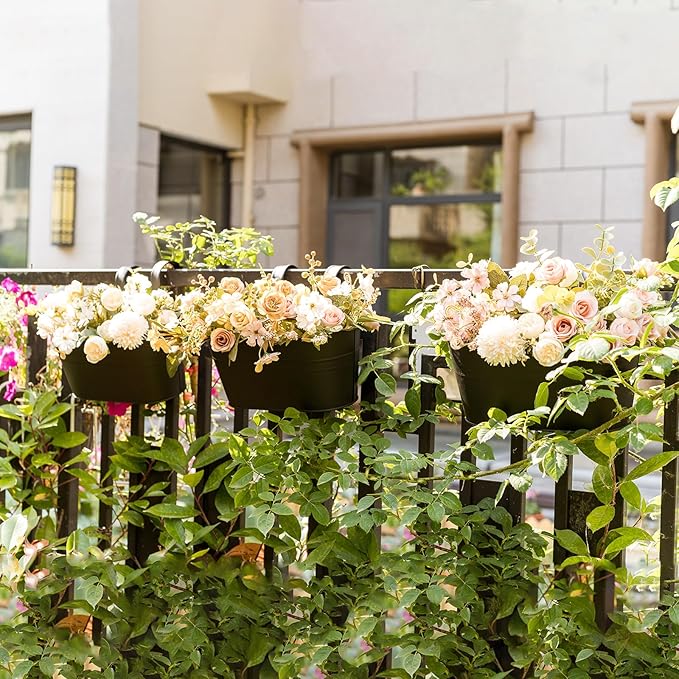 5 Pack Metal Hanging Flower Pots for Railing Fence,Outdoor Balcony Rail Planter with Garden Tools Detachable Hooks Drainage Holes for Deck Garden Home Decor Black