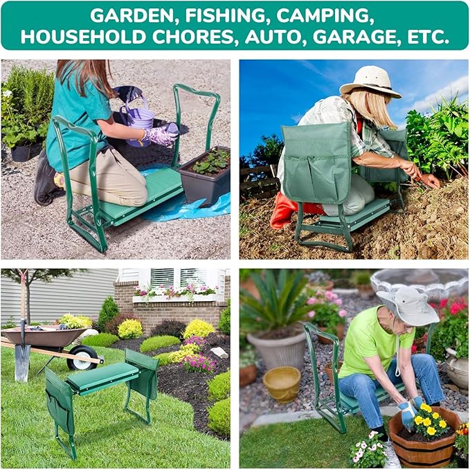 iPower 2024 Upgraded Garden Kneeler and Seat, with Sturdy Soft EVA Foam Pad, 2 Tool Pouch, Hold 330lb, Portable Foldable Kneeling Bench, for Gardening, Fishing, Camping, Green