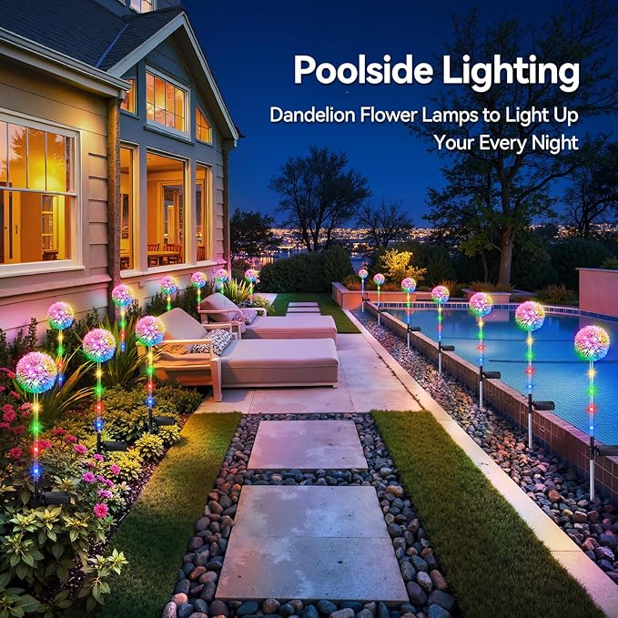 4 Pack Dandelion Solar Outdoor Lights Decorative with Colorful String Lights, Upgraded Waterproof Solar Garden Decor for Yard, Patio, Landscape Decoration