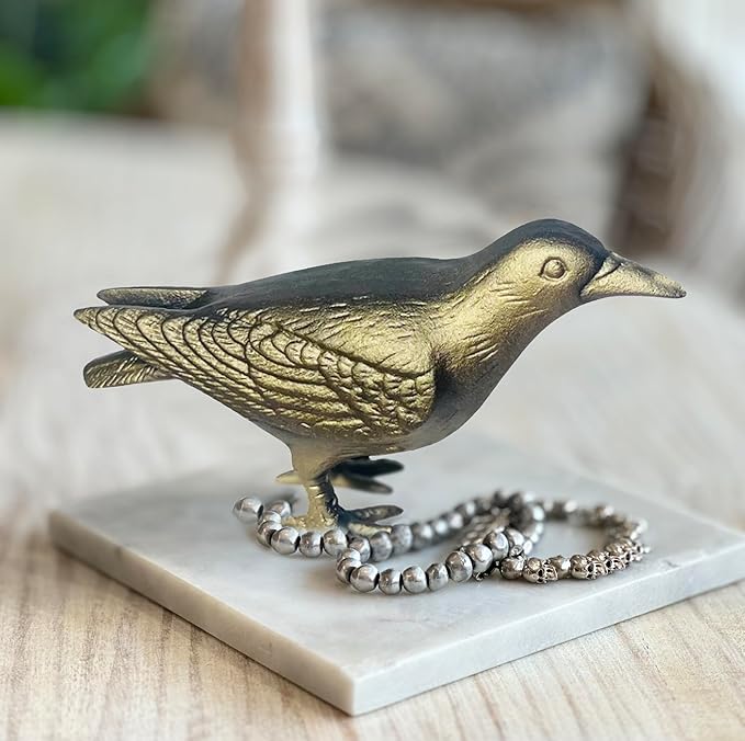 NACH Crow Decor, 4.5 x 11 x 3.5 inch, Cast Iron Antique Gold Raven Statue, Raven Decor for Outside - Head Up Crow Statue