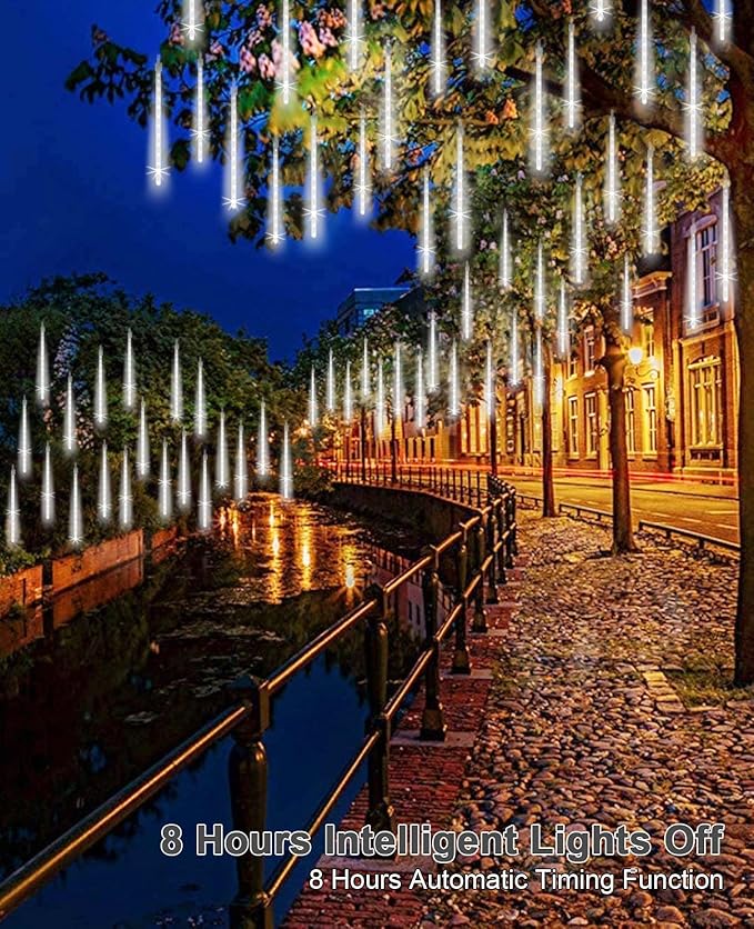 solar meteor shower lights outdoor, White