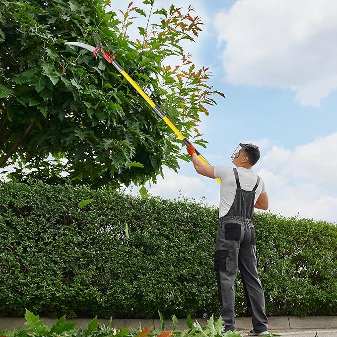 Outvita Manual Pole Saw, 26 Feet Extendable Tree Pruner with Knives and Storage Pocket, Sharp Steel Blade and Scissors High Branches Trimming for Pruning Palms and Shrubs(Yellow)