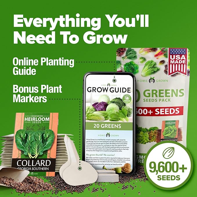 HOME GROWN 10,000+ Heirloom Lettuce Seeds for Planting Indoors - 95% Germination, Non-GMO Greens Seeds, (20 Varieties): Kale, Spinach, Butter, Oak, Romaine Bibb & More - Lettuce Seeds for Hydroponic