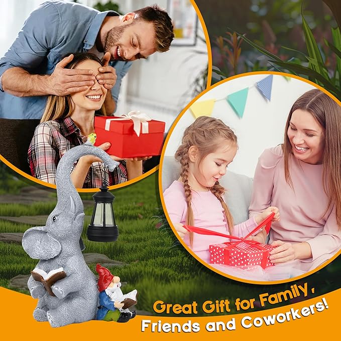 Solar Outdoor Garden Statues Lights, Elephant Figurines with Cute Gnome Garden Sculpture Decor, Luck Elephant Gifts for Woman Mother or Daughter, Unique Housewarming Gifts and Yard Decor