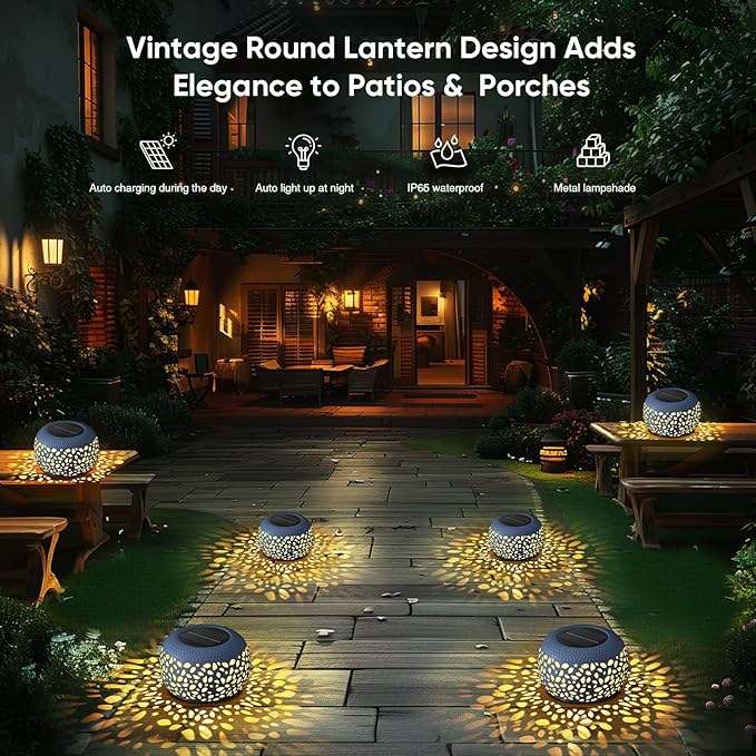 Solar Lantern Garden Patio Decor: 4 Pack White Solar Lanterns Outdoor Waterproof, Solar Lights Outdoor for Table Balcony Deck Pathway Porch Yard Decorations, Outside Hollow Out Metal LED Solar Lantern