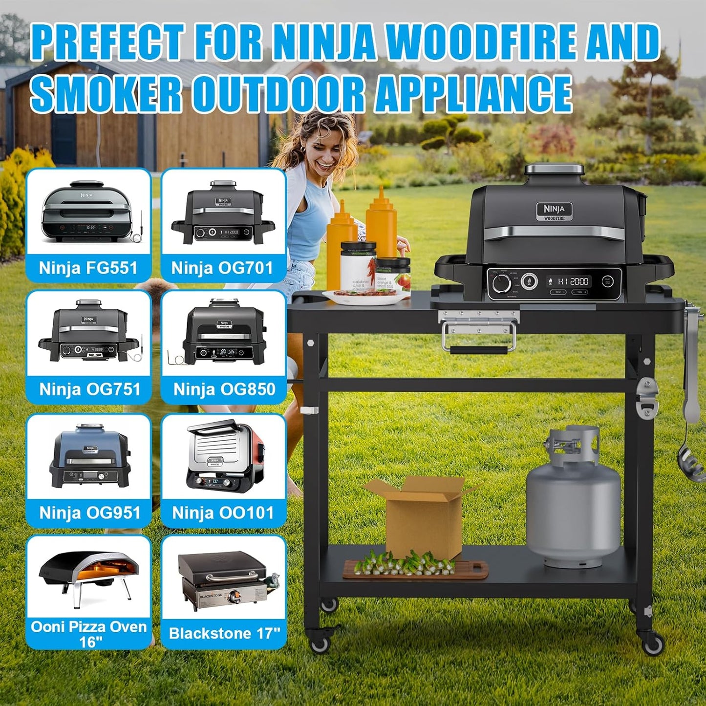 Grill Stand for Ninja Woodfire Outdoor Portable Prep Cart Table Station for Ninja XSKUNSTAND OG700 OG800 OG900 OO101 Series and Smoker Pizza Oven Accessories with Wheels & Grill Cover