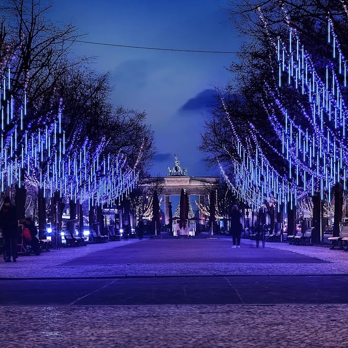 KNONEW Meteor Shower Lights 15 Inch 24 Tubes 672 LED Christmas String Plug-in Outdoor Waterproof Falling Rain for Wedding Party Garden Holiday Tree Decorations (Blue)