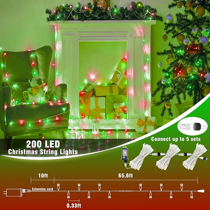 Vivideal 200 LED Red and Green Christmas Lights - 66ft String Lights Indoor Clear Wire 8 Modes Plug in Waterproof Fairy Lights with Timer Memory for Indoor Outside Bedroom Home Party Decorations