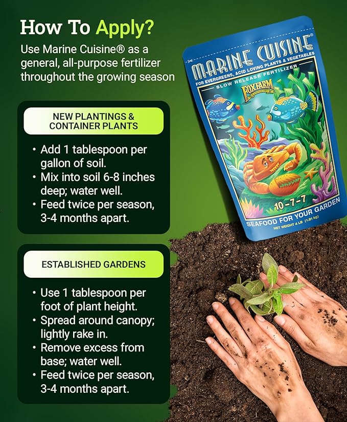 FoxFarm Marine Cuisine Fertilizer, Time Release All-Purpose Organic Plant Food for Vegetables, Flowers, Trees & Shrubs – NKP 10-7-7 (4 lb Bag)
