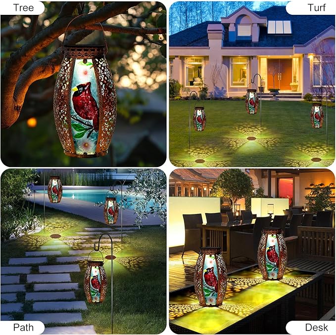 Larekook Outdoor Solar Lantern-Waterproof Cardinal Hanging Metal Decorative Lights for Patio Table Garden Pathway Yard with Super Bright Warm White LED,Large Solar Panels,Auto On/Off Sensor