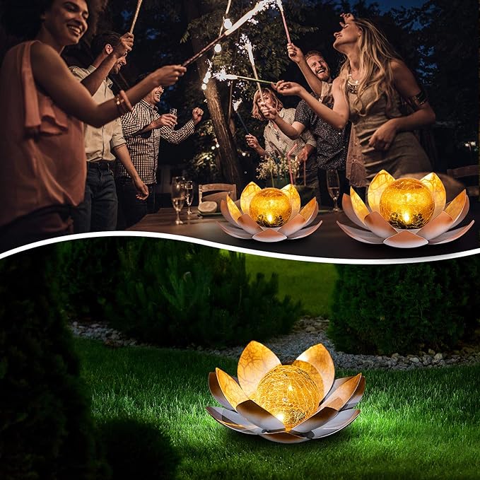 Garden Solar Lights Outdoor(2Pack) , Amber Crackle Globe Glass Lotus Decoration , Waterproof Orange Metal LED Flower Lights for Patio,Lawn,Walkway,Tabletop,Ground, Garden Gifts for Women