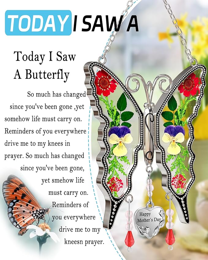 KY&BOSAM Butterfly Suncatcher Gifts for Mom Happy Mother`s Day Stained Glass for Windows Hangings Wind Chimes Ornament with Pressed Flower Butterfly Wings Embedded in Glass Mother`s Day Mom Gifts