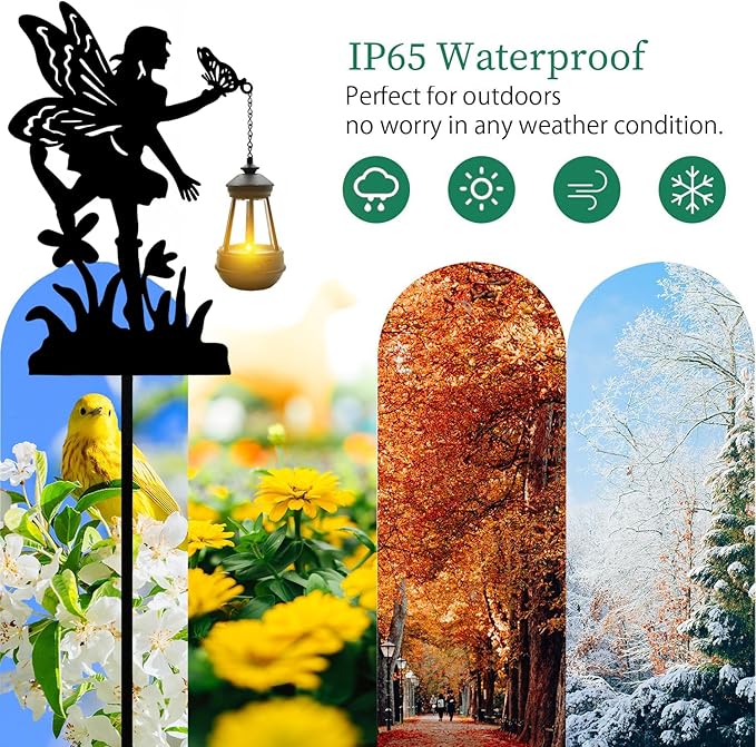 Solar Angel with Butterfly Garden Stakes Outdoor Decor Metal Angel Holding Solar Lantern Decorative Garden Metal Stakes Outdoor Flower Silhouette Stakes